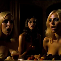 Horror movie shot, spooky, hot, ultra realistic, dine, horns, ultra realistic hot blonde women, party, pieces of meat, organs, ail, dynamic, very excited people, hypermaximalist figures, light, 1970's Italian horror movie, sinister,, Dario Argento, Stanley Kubrik, ornate, 4k, photorealism