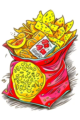 DRAW TO COLORING OF FOOD A BAG OF CHIPS, CARTOON STYLE, FEW DETAILS, THICK LINES, NO SHADING