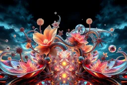 Dynamic complex hypnotic fractal 3D structures Symmetry twisting and morphing between cifi plants ,flowers and metal geometric forms , smooth translucent iridescent glass with inner glow and bubbles, varied transparent materials, stormy skies, intense dramatic