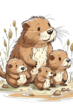 super cute drawing - father beaver frolicking with three little cute daughters