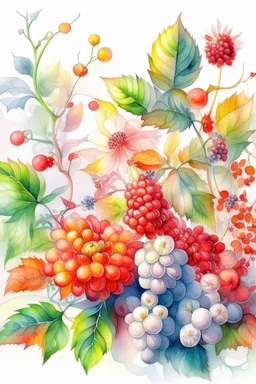 watercolor, photorealism, realistic flowers, leaves and berries, sunny, gloss, white background, pixel art, high detail, delicate sensuality, realistic, high quality, artwork, glitter, hyperdetalization, professional, filigree, transparent, delicate pastel tones, backlight, high detail, gradient texture