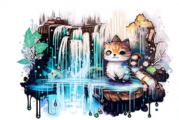 cute chibi cat in a restaurant double exposure waterfall in the forest watercolor and ink