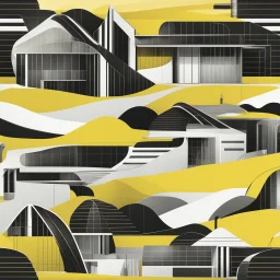 Ilustración minimalista de una casa campestre estilo Zaha Hadid forma ovalada en las montañas arte nouveau neón lineal color negro blanco y amarillo calidad ultra fondo ciudad