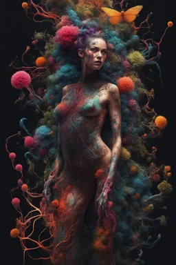 Dynamic ink art by alberto seveso of a full woman body, long legs ,crawn, wide shot, cyberpunk plants and flowers, neon, vines, flying insect, front view, dripping colorful paint, tribalism, gothic, shamanism, cosmic fractals, dystopian, dendritic, artstation: award-winning: professional portrait: atmospheric: commanding: fantastical: clarity: 64k: ultra quality: striking: brilliance: stunning colors: amazing depth, cute colorful lighting (high definition)++, photography, cinematic, detailed ch