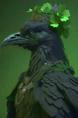 unclipped crow portrait, the crow has just one single eye. the head is complete. textured detailed feathers adorned with rococo style green and black, diamond headdress, florals, organic bio spinal ribbed detail of detailed creative 3d rococo style light, extremely detailed, hyperrealistic, maximálist concept art