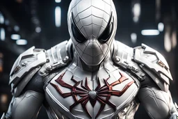 Spider man in a mega cool white iron super suit with spikes on his arms and shoulders, hdr, (intricate details, hyperdetailed:1.16), piercing look, cinematic, intense, cinematic composition, cinematic lighting, color grading, focused, (dark background:1.1)