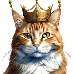 davinci style painting , Ginger Cat King with crown on head , clear details, white background , HD , vector , full image