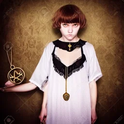 Realistic photo Russian shorthair tomboy with symbol of the king of evil amulet on the neck boyish face men's look boys face boylike in lacy girlish nightgown in girlish room with amulets symbol of the king of evil on the wall of the lord of evil and the king of the underworld of evil forces