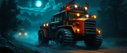 Monster panzer bus tractor blues with guards on top, driving to the fight, Metal riffs echo through the night. Coins in his pocket, smiles all around, He’s the happiest driver in all the battleground. (Verse 2) Goblins shout, axes clink and gleam, The kids are gone, but he keeps his dream. Horn goes “BRRRAAAM,” the drums collide, make it realistic 3d graphics in the style of gta 6