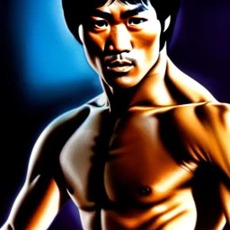 Ultra detailed fullbody Portrait in oil on canvas of Bruce Lee,extremely detailed digital painting,ultrarealistic skin,intense stare, extremely detailed face, crystal clear eyes, mystical colors ,perfectly centered image, perfect composition, rim light, beautiful lighting,masterpiece ,8k, stunning scene, raytracing, anatomically correct, in the style of Simon Bisley and Ohrai Noriyoshi and robert e howard and Steve Jung and frank frazetta.