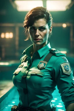 portrait of green muscular super mutant brunette policewoman in uniform in cyan pool in fallout 4 setting, bokeh, downlight, prize winning, depth of field, in the style of ivo caprino, backlight, aura