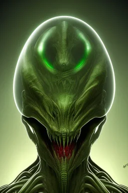 green alien, head, evil, red eyes, big silver teeth, weapons, blood, 8k, finely detailed, photo realistic, HR Giger style