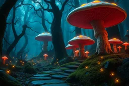 Ancient forest with gigantic glowing mushrooms, neon fireflies, and a mossy stone path, fantasy style