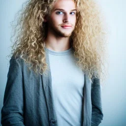  man with long blond curly hair, full body, flesh tone, real photo, soft lighting