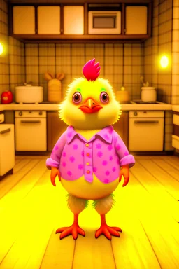 The little chicken is cute and cute and small and he 's wearing a jelly dress and he 's standing in the kitchen in shock .