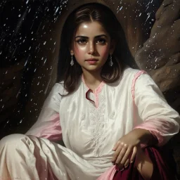 Hyper Realistic Photographic Outside View Of A Gorgeous Pashto Girl (Wearing Burgundy Colored Dress With Detailed White Embroidery & Pink Dupatta) Sitting In A Cave With Little-Bonfire, With Heavy Rain Outside Cave With Glowing Little Crystals) Showing Dramatic & Cinematic Ambiance.