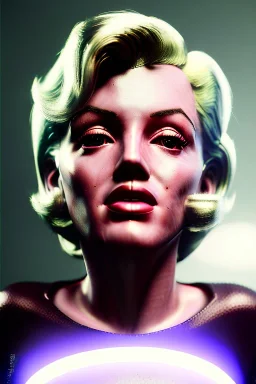 Ultra Realistic image, portrait, blonde woman, sweet Marylin Monroe face, perfect iris, glow eyes, makeup. Retro sci-fi style, helmet, tight latex coat, fog, rain, soft color, highly detailed, unreal engine 5, ray tracing, RTX, lumen lighting, ultra detail, volumetric lighting, 3d, finely drawn, high definition, high resolution.