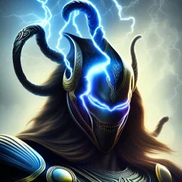 venom handsome thor with blue lightning and medieval helmet with black background