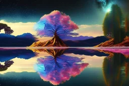 tree, water reflection, galaxy, cosmos, science fiction