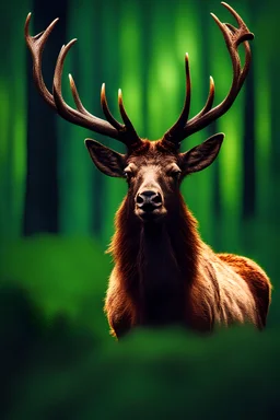 magical elk,sparkling striking fur ,realistic, night time, magical green hill background , exotic realism, beautiful colorful volumetric lighting, sharp focus, depth of field, masterpiece, photography