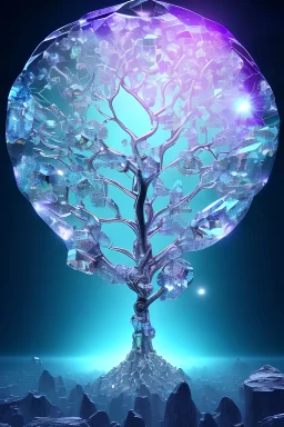  hedjuk,Tree of Life, crystal city crystalline in the sky, renderin, room, cosmic, opalescent, 100mm, opalescent, gemstones, crystals, object, other worldly,water, cristal rock ,bright,