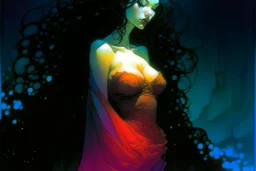 create a fine art print illustration of a seductive, Semnoni female vampire seeress, clothed in an ornate but ragged bliaud with highly detailed feminine facial features, gazing into a seething palantir , shrouded in a fetid mist at midnight , in the comic book art style of Bill Sienkiewicz, and Jean Giraud Moebius, finely textured, drawn, colored, and inked