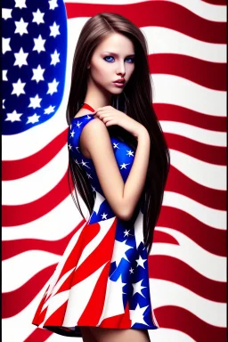 girl, cute, beautiful, American flag dress, long hair