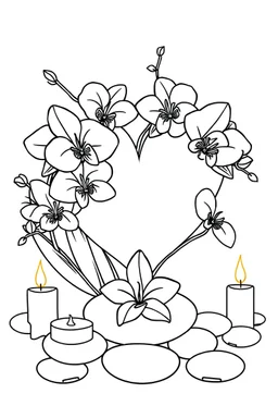 outline art for visually rich appealing heart ikebana orchids plumeria spa rounded stones around candles, coloring page for kids, white background, fit to page, only use outline, clean line art, no shadows, clear and well outlined