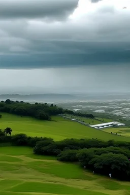 Upper view Islamabad Pakistan. A flight is flying and cloud are raining. Faisal Masque and Parliament House are visible. People are sitting on margalla Hills. Birds are flying and F9 Parks is also visibel