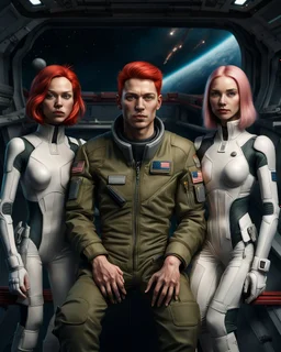Photorealistic picture of a young man in a flight suit with two tall, slender female androids in one-piece suits, one with red hair and one with white hair, standing on the bridge of a spaceship.