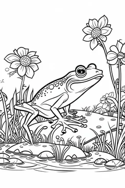 Outline art, frog in the garden, cartoon style, black and white, low detail, --ar 9:11