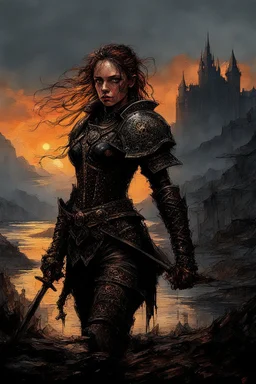 A formidable warrior girl in black armor, on the background Amazing gloomy landscape, flooded with sunset, mountains, trees, fabulous scary hero, , juicy emotions, painting, dark fantasy, gloomy day, dark world, portrait, Gothic Town At Night, Fantasy, Intricate Details, Castle Courtyard Gardens, Hyper Detailed, Jean Baptiste Monge, Carne Griffiths, Michael Garmash, Seb Mckinnon, Masterpiece