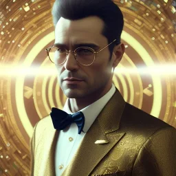 Photographic portrait of a futuristic businessman, glasses, atmospheric, realistic, unreal engine cosmic galactic, cinematic lighting, octane render, sepia, transparent, cosmic ambiance, masterpiece, photo by Gustav Klimt, composing fit inside, masterpiece