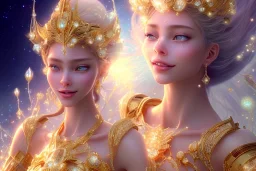 very beautiful crystal and gold goddess in a galactic ambiance, nice smiling, transparent petals, delicate colors, full of details, smooth, bright sunshine，soft light atmosphere, light effect，vaporwave colorful, concept art, smooth, extremely sharp detail, finely tuned detail, ultra high definition, 8 k, unreal engine 5, ultra sharp focus