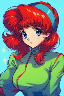 1girl, retro anime, 80's, redhead,Portrait of beautiful woman, sparkling dark blue eyes,