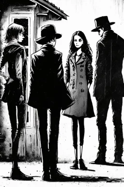 Design a detective book cover for teenagers. Three teenage detectives in the centre, one boy on her left, the girl in the centre and one on her right are on the town street. Black cat. Banksy style, modern comic book style, mysterious atmosphere,