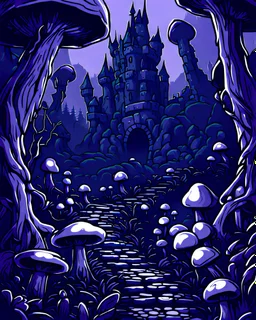 A frightening mushroom forest dungeon with a twisted bramble evil castle in the background