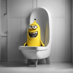 child training urinal chair shaped as a Minions character, complex contrast, photoreal, humorous