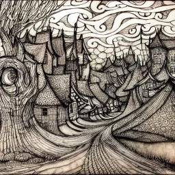 in the style of Arthur Rackham and Van Gogh, zentangle country side village, fantastical surrealistic, elegant, beautiful high definition fine 3D line art, watercolor ink and pen, extremely detailed, intricate, elaborate, HDR, beautiful, award winning, fantastic view, muted colours, fantasy, crisp quality