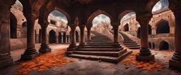 Hyper Realistic Photographic Wide-angle-Beautiful-Staircase Of Courtyard of A Huge-Abandoned-Dark-&-Detailed-Crafted-Rajasthani-Fort With Cracked Hallway-Arches In An Autumn Season with dried Orange Leaves on the land with dark cloudy-moonlight behind the fort showing dramatic & cinematic ambiance.