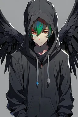 Anime man with black wings, wearing a hoodie