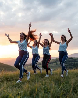 a group of Turkish young ladies in sports pants and blouse are dancing in high grassy hills ,cloudy sun set sky