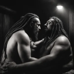 half figure shot photography of two angry gipsy 41 years old burly chubby ugly men embracing tightly from back, dreadlocks, shirtless, in a sauna full of steam, dim lights, side light, ambient occlusion,