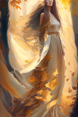 20 something model with long flowing dress and long flowing hair, realistic, surrounded by summer forest with light pastels, dreamlike haze, full body photography, surrounded by autumn leaves, warm golden lighting, dreamlike haze, Nostalgic, Intricate, Digital painting, Artstation, Smooth, Sharp focus, inspired by art of boris vallejo and julie bell, surrounded by autumn leaves, warm golden lighting, dreamlike haze, Nostalgic, Intricate, Digital painting, Artstation, Smooth, Sharp focus, inspire