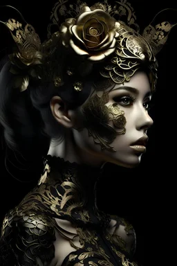 A beautiful frosty vantablack rose headdress adorned beautiful young woman wearing etherialism goled filigree black rose peatals and rose leaves embossed ornated costume ahd metallic filigree botanical Golden glittering half face. Masque organic bio spinal ribbed detail of metallic filigree vantablack background extremely detailed hyperrealistic maximálist concept art