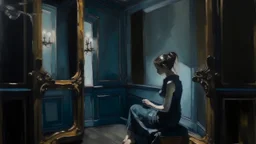 A classic oil painting with intricate brush strokes and dramatic lighting, Loneliness comes through empty mirrors, evoking a sense of isolation and longing