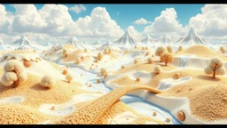 Un mundo 3D de postres: terreno cremoso con ríos de batido, charcos de arequipe y cascadas de leche. Colinas de queso rallado, flanes dorados y montañas de yogur decoran praderas blancas con árboles de galleta y copas de nata, bajo un cielo azul con nubes de algodón. Un camino de cereal serpentea en curvas suaves, cruzando el paisaje varias veces sobre puentes de barquillo. Texturas detalladas y colores brillantes crean un entorno mágico.