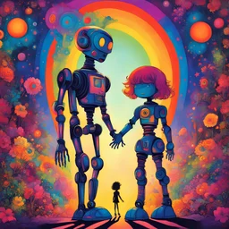 psychedelic colorful silhouette, robot holding hands with little girl, illustration by John Kricfalusi, maximalism