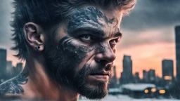 Double exposure, Wolfman, photorealism, man, city, sunset, snow, rain, fantasy, mystical, tattoo, vertical pupils, high detail, high resolution, 8K