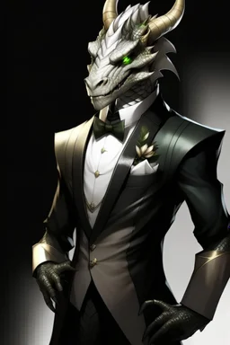 A silver Dragonborn from dnd wearing a tuxedo